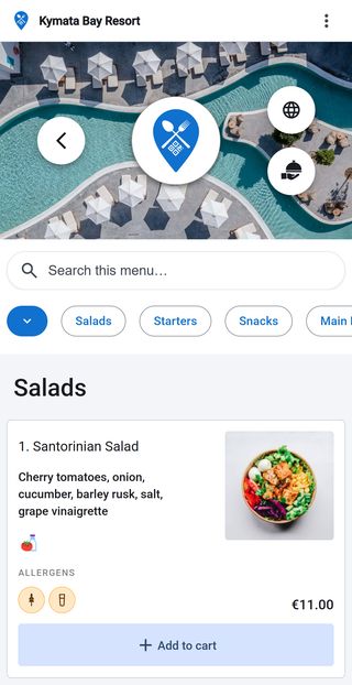 The menu.place guest menu on a phone, showing a resort menu with photos and prices